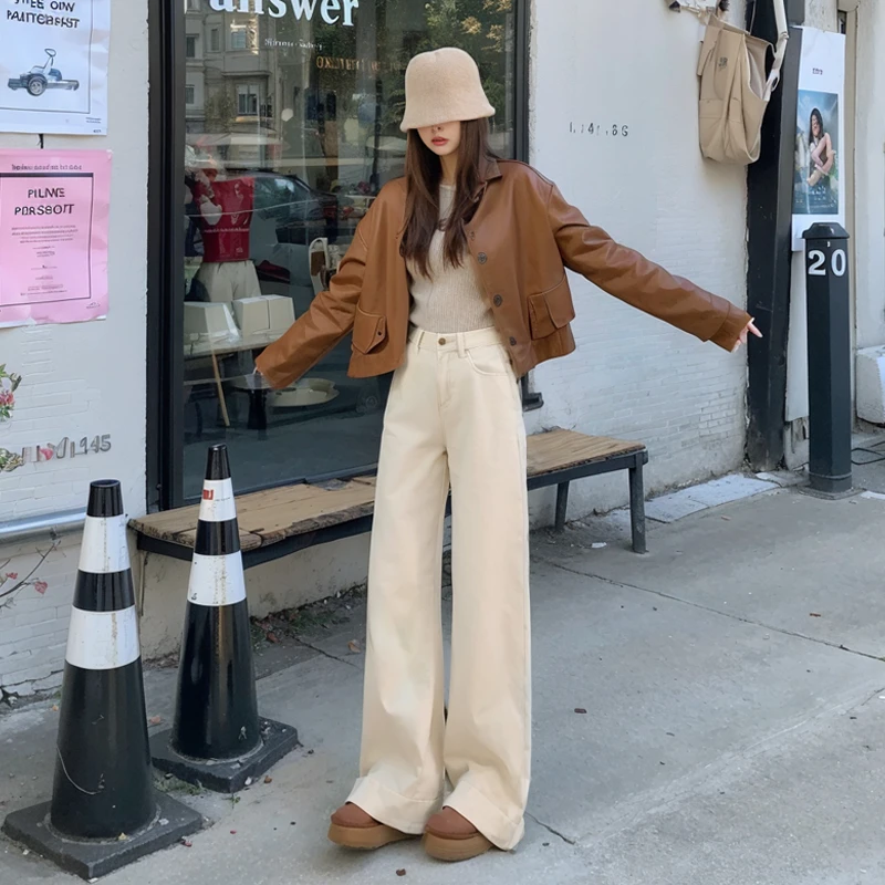 杏色微喇牛仔裤子女2025春季新款丹宁蓝高腰直筒阔腿小个子喇叭裤