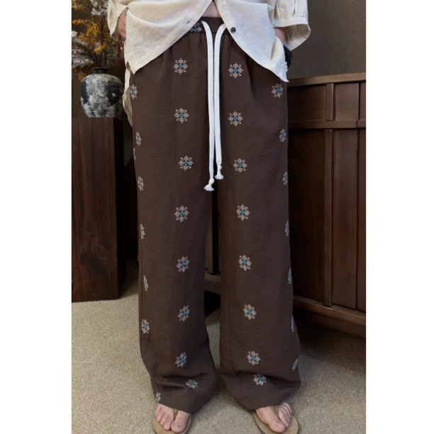 HY罗罗刺绣棉特显瘦度假风宽松直筒裤百搭复古休闲设计感时尚