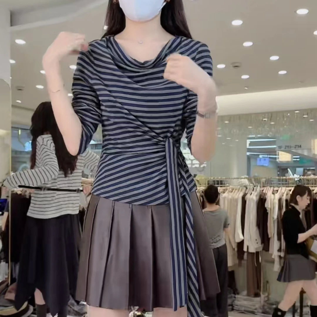 【烟雨绵绵】2025秋季新款【四季青小封家轻奢】修身系带T恤上衣