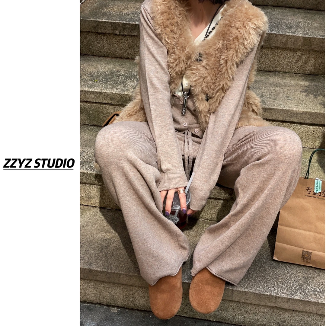 【ZZYZ】“日色微明”慵懒风假两件针织毛衣➕抽绳直筒休闲裤套装