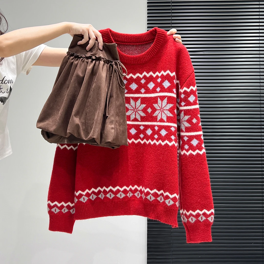 巨好看费尔岛整套圆领毛衣女冬季新款氛围感新年穿搭半身短裙