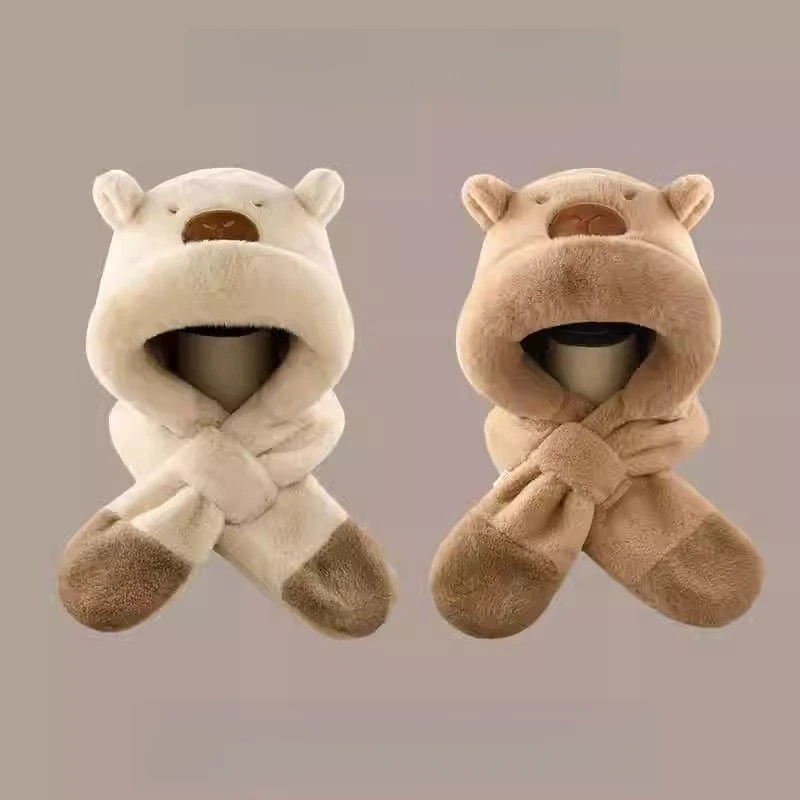 2025新款卡皮巴啦儿童帽子围巾一体冬季护耳毛绒帽男女两件套ZML