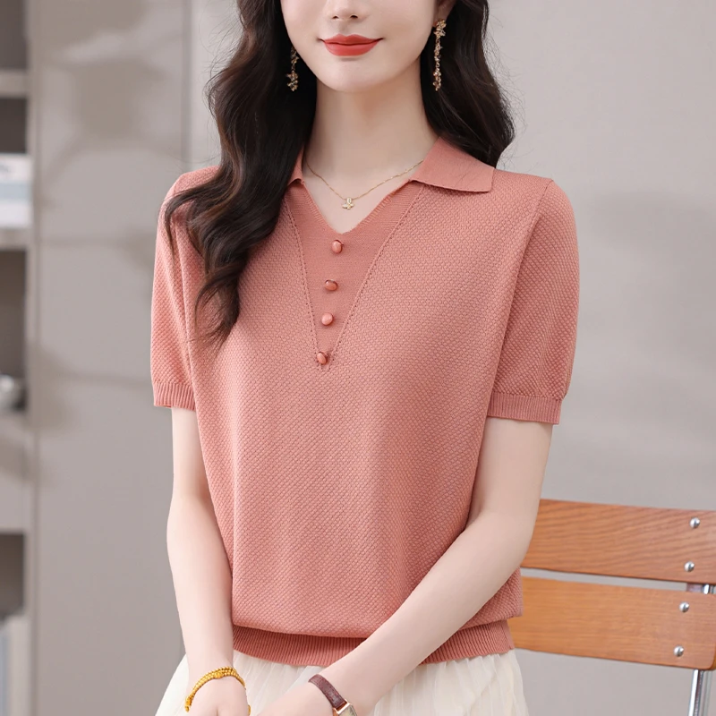 夏季大码Polo领针织衫女士宽松薄款冰丝上衣显瘦百搭翻领短袖T恤
