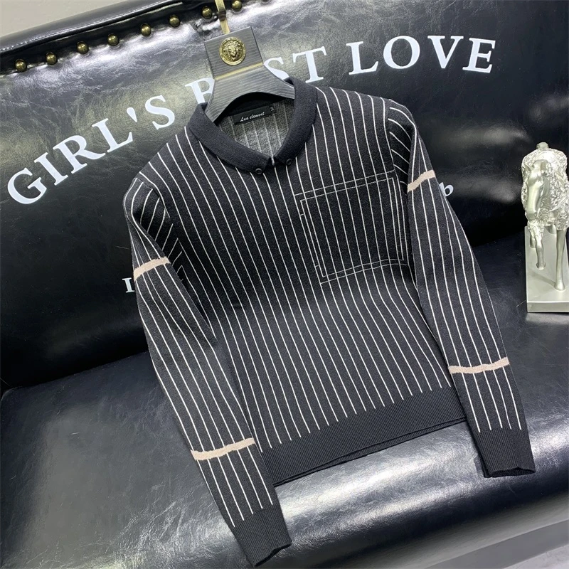 富比莫维条纹撞色长袖毛衣男秋冬韩版修身时尚潮牌翻领针织打底衫