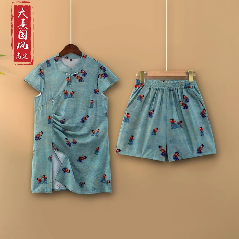 【唐韵】2025新款夏季新中式立领印花短袖上衣+短裤国风两件套装女