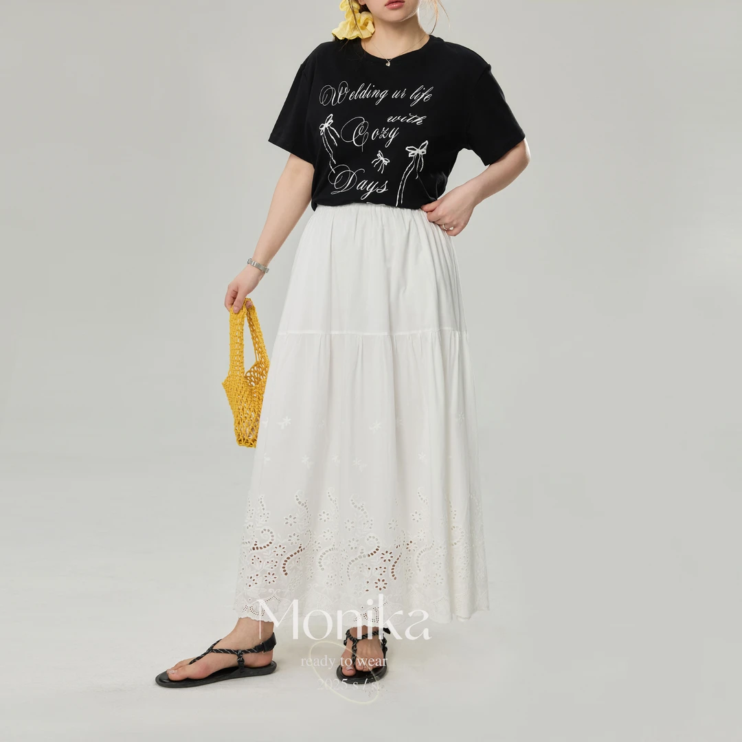 大码女装胖mm夏装新款显瘦高腰镂空设计感白色半身裙75818