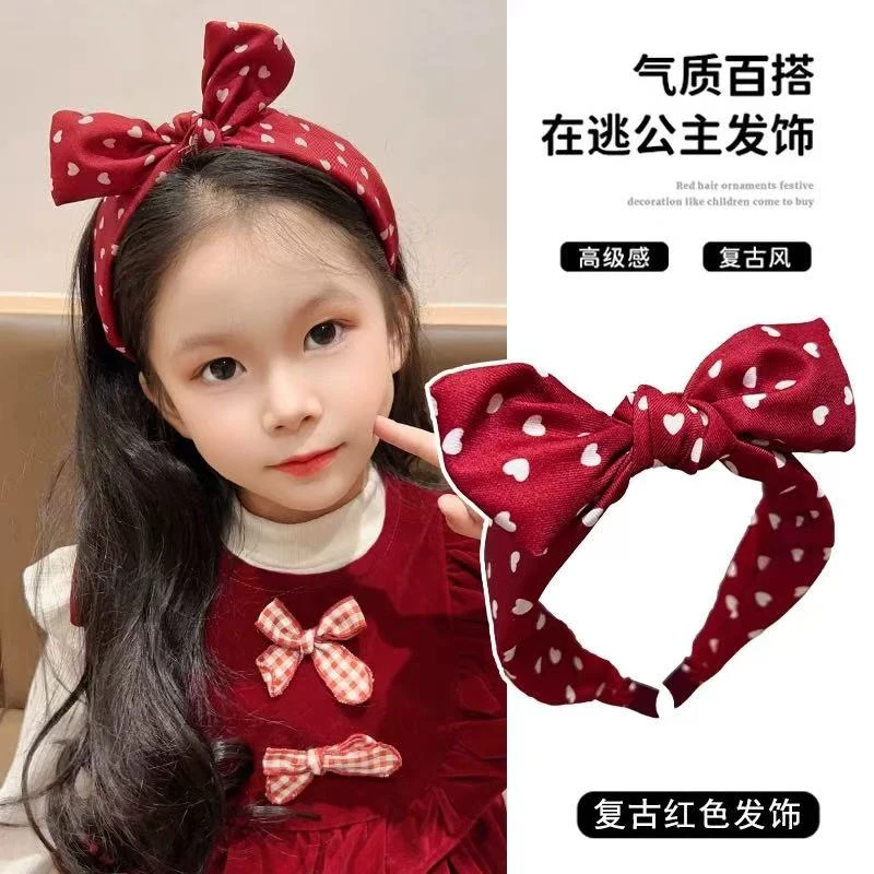 A-6190   1个红色波点爱心蝴蝶结儿童复古百搭公主发箍     发圈