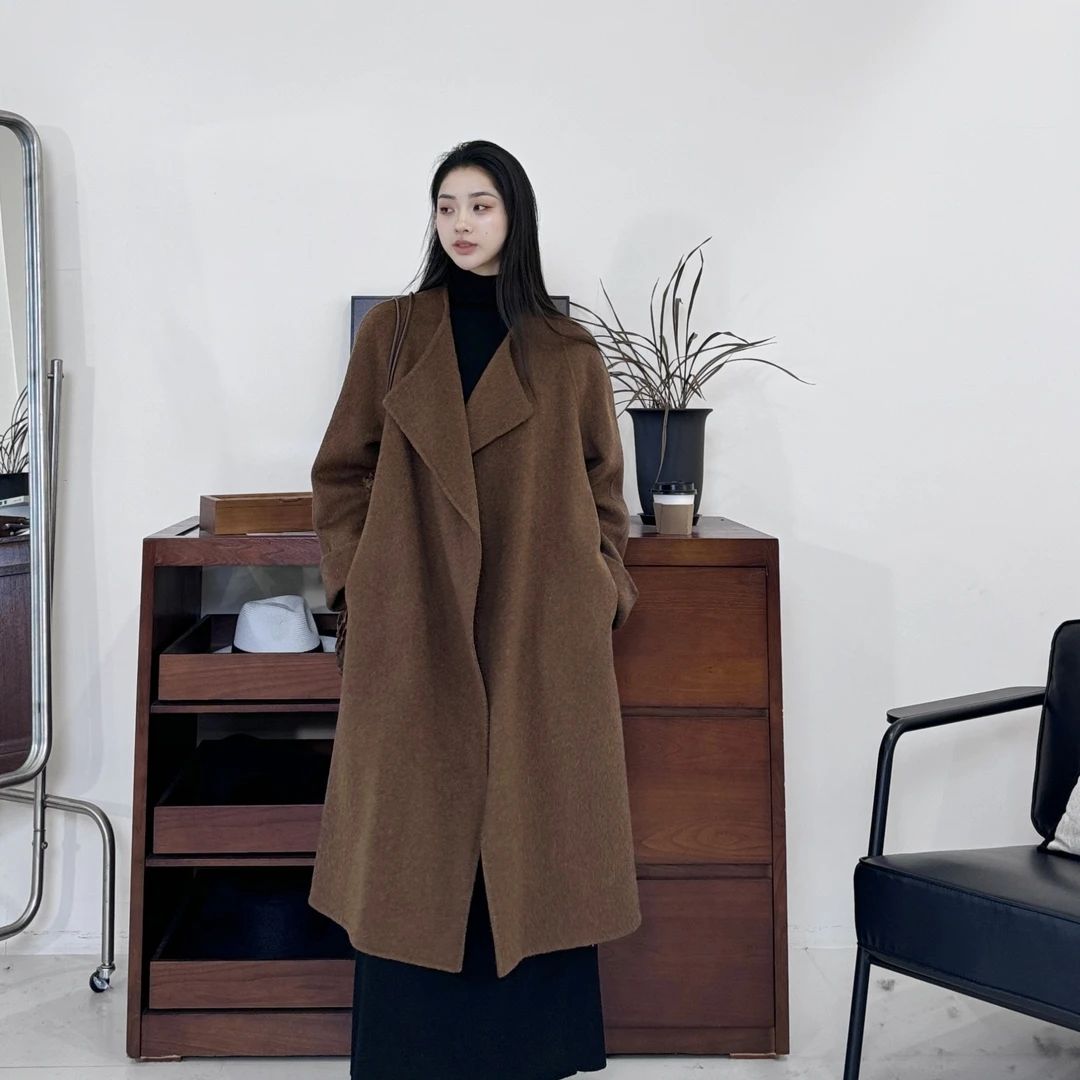 euri桑蚕丝·骆驼绒·羊毛双面呢丨设计款翻领系带羊毛大衣-MY5623