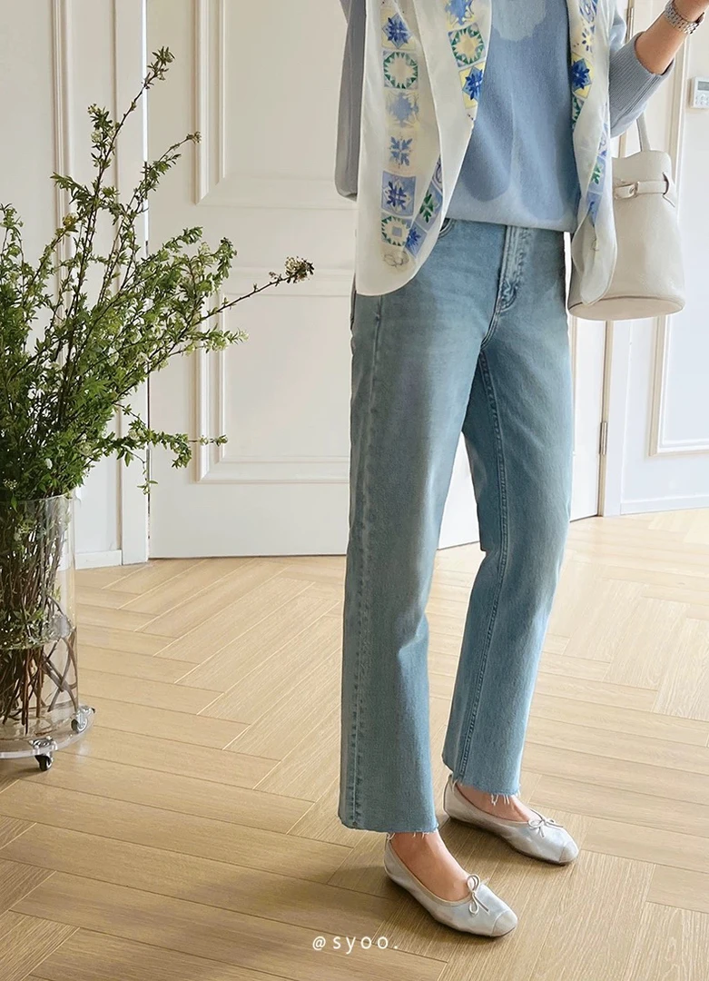 妮妮家66278夏季新款时尚百搭毛须烟管牛仔裤