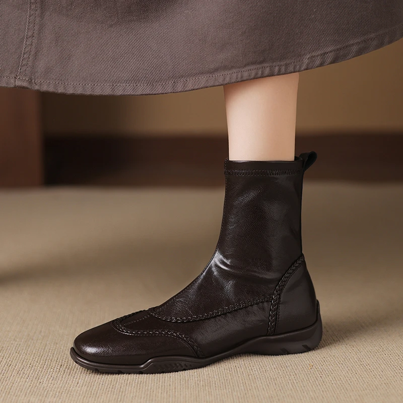 牛皮/跟高4.5cm/2025新款秋冬季真皮中跟短靴女单靴弹力靴瘦瘦靴