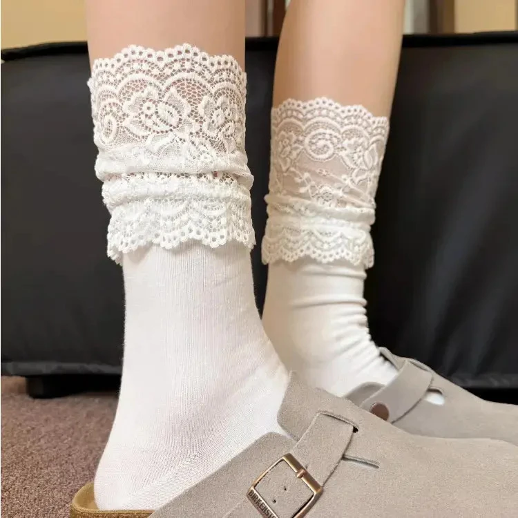 袜子女秋季新款拼接蕾丝袜百搭白色中筒袜甜美少女芭蕾风堆堆袜jh