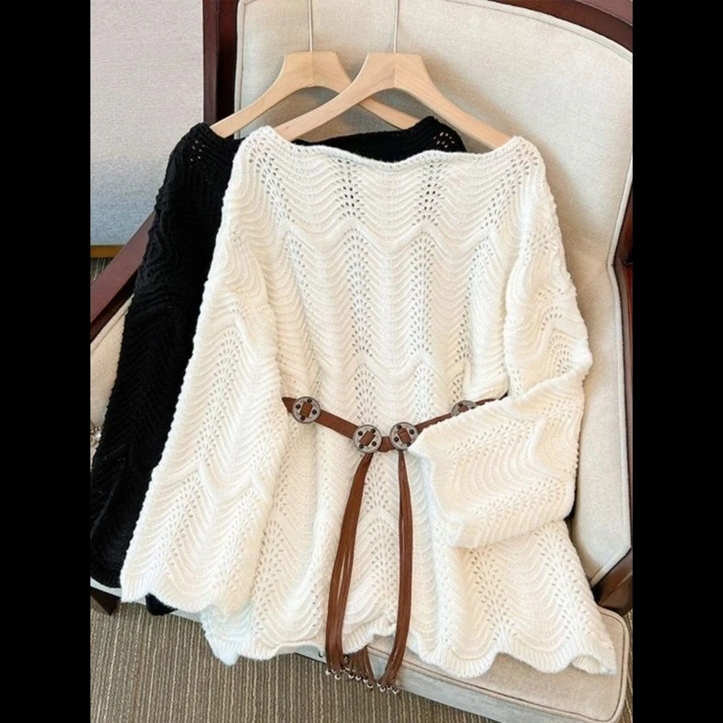 2025春季新款镂空长袖针织衫气质时尚纯色洋气减龄腰带显瘦毛衣