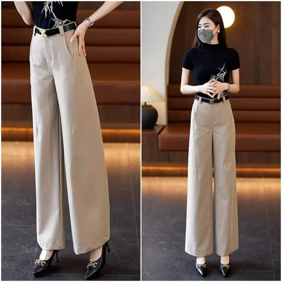 灰色窄版阔腿裤女夏季高腰垂感宽松直筒裤小个子休闲百搭西装裤子