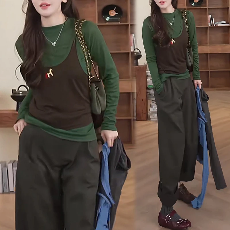 欧货复古高级感套装女2025春秋新款绿色长袖t恤打底衫吊带上衣女