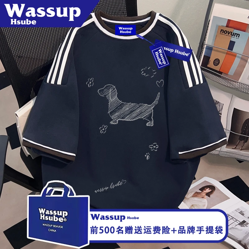 WASSUP HSUBE美式涂鸦小狗印花T恤街头男女款纯棉半袖ins夏季短袖