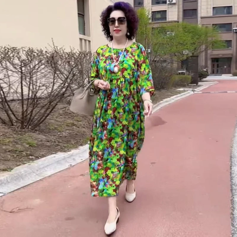 高品质连衣裙夏季新款碎花中长裙宽松遮肚显瘦长裙圆领过膝大版裙
