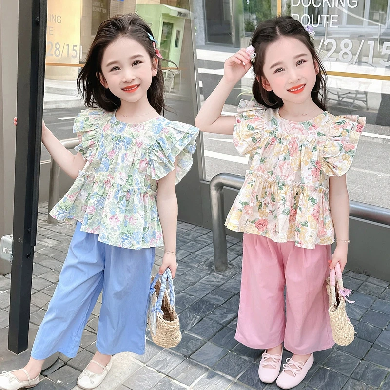 【90-170码】女童夏装套装2024新款女宝木耳碎花洋气花边夏季清凉阔