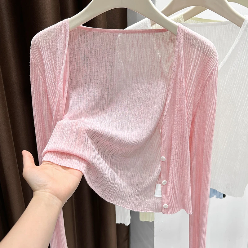 薄款透气冰丝针织长袖开衫女夏季新款吊带裙子外搭洋气上档次罩衫