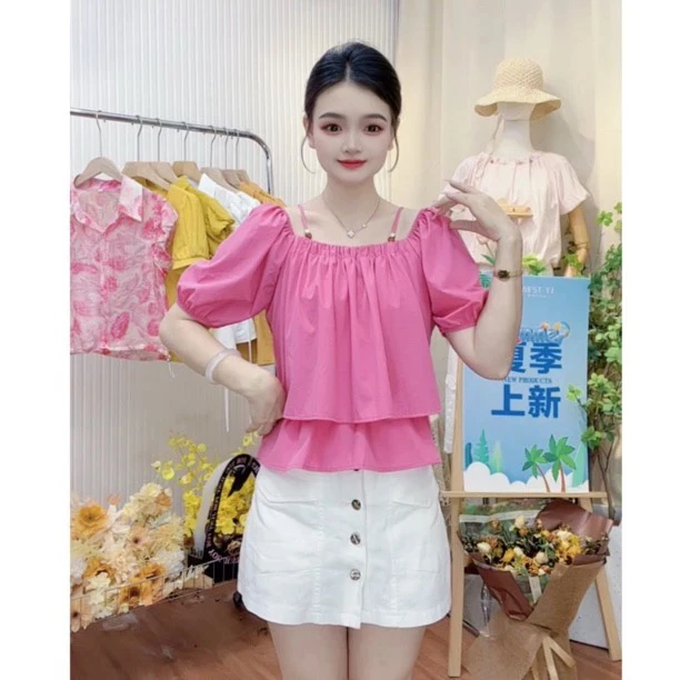 洋气一字肩吊带设计感减龄显瘦方领衬衫