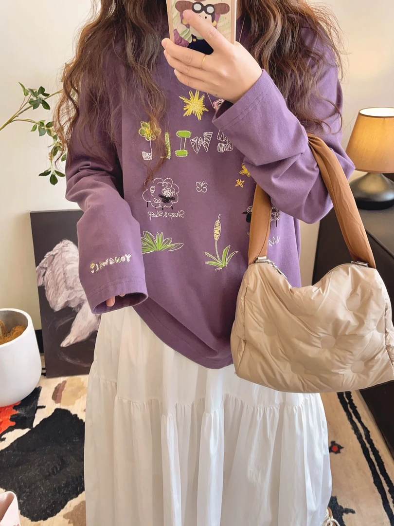 春款小众yongill小羊纸袋家1162棉卷毛羊刺绣印花长袖打底衫