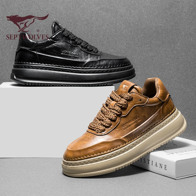 七匹狼男鞋厚底板鞋2025年秋冬休闲皮鞋潮流百搭白配黑色增高男鞋