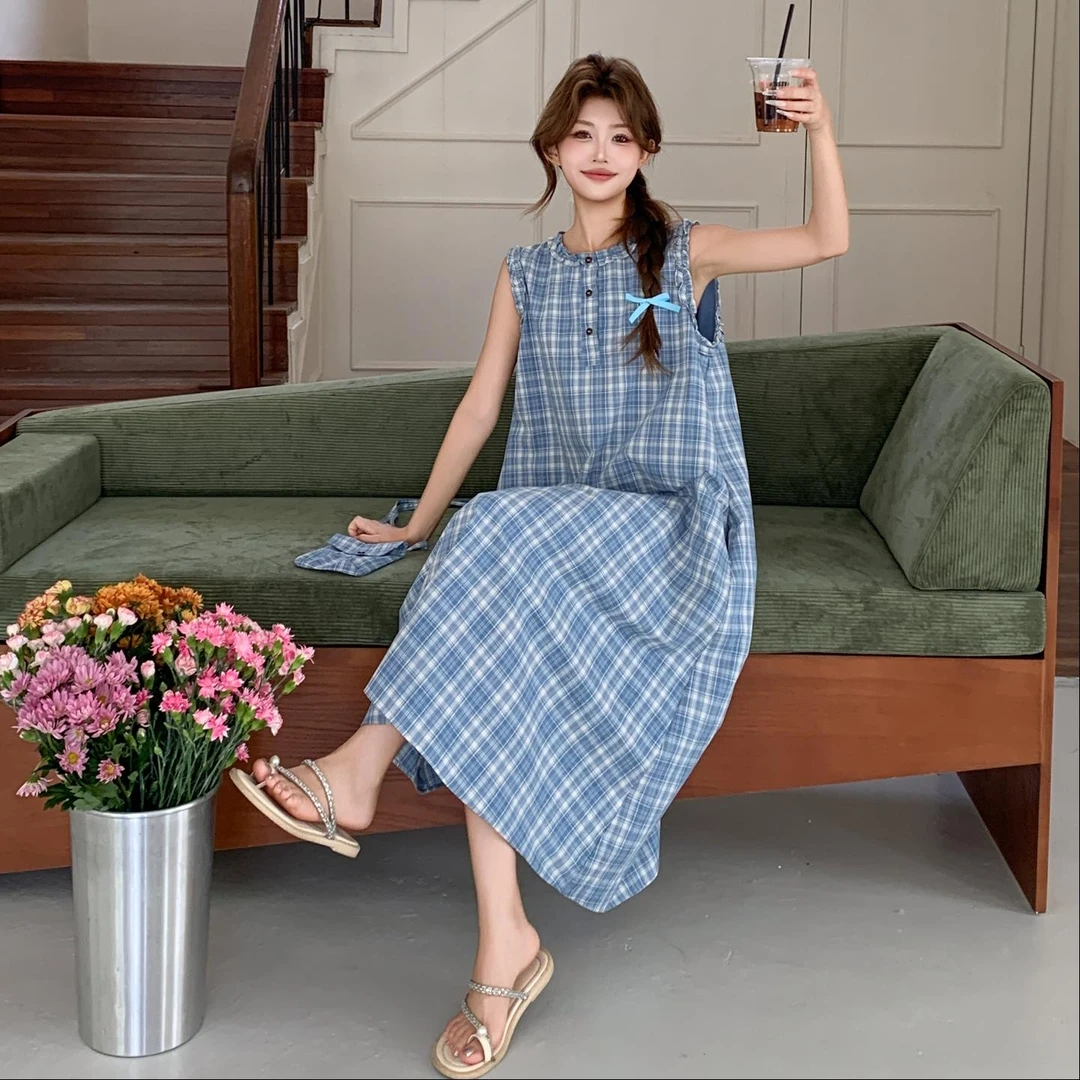 蓝色复古文艺减龄无袖背心洋装女夏季法式宽松休闲 A字裙长裙