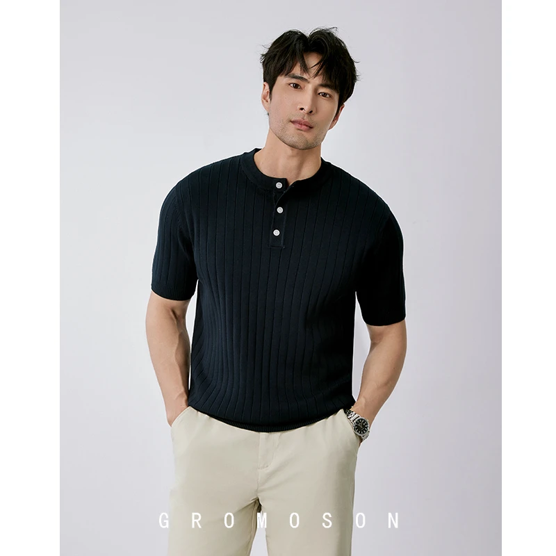 2025夏季新款针织亨利领polo衫男士时尚休闲凉感条纹圆领短袖T恤