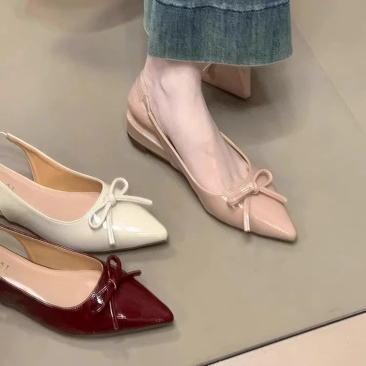 法式气质粉色包头凉鞋女2025新款蝴蝶结后空时尚百搭尖头单