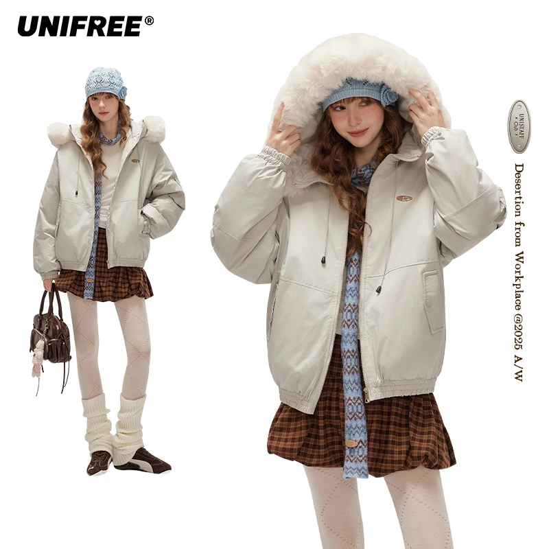 UNIFREE美式灰色棉服情侣款冬季穿搭防风毛领保暖夹克派克服外套