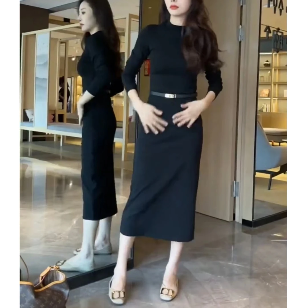 法式气质御姐风长袖包臀连衣裙女2024新款圆领修身高腰显瘦连衣裙