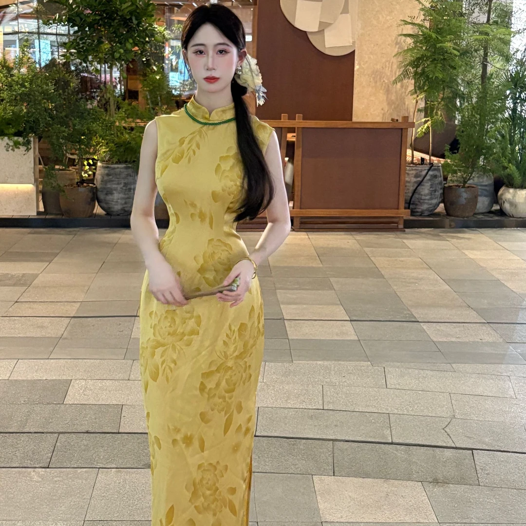 LHMknk1画报夫人原创自制改良版国风新中式黄色提花旗袍 金鹅黄