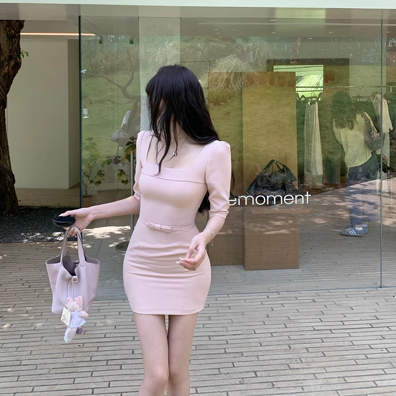 Liuu嘻嘻阿纯欲小香风方领连衣裙女夏配腰带收腰显瘦五分袖包臀裙
