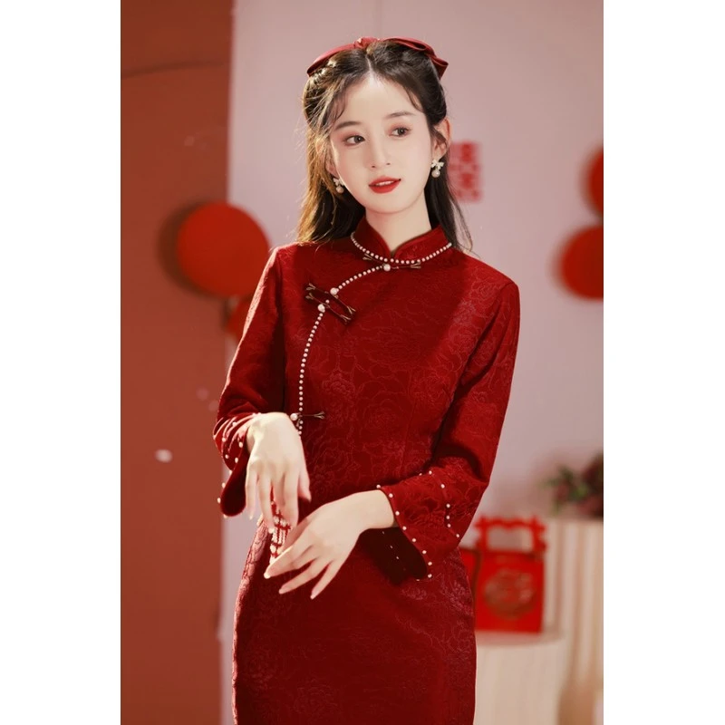 旗袍敬酒服新娘酒红色订婚礼服女中式改良回门结婚宫廷风长袖