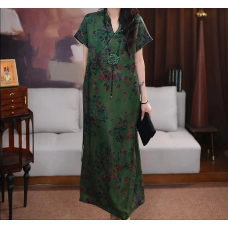 B【悦蔓】红云纱新中式长款重磅时尚国风遮肉印花复古长裙宽松连衣