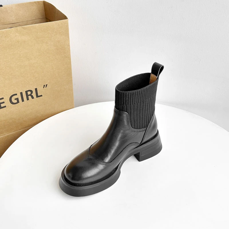 【现货F803】5cm牛皮厚底短靴女秋冬显瘦弹力袜靴圆头短筒女加绒