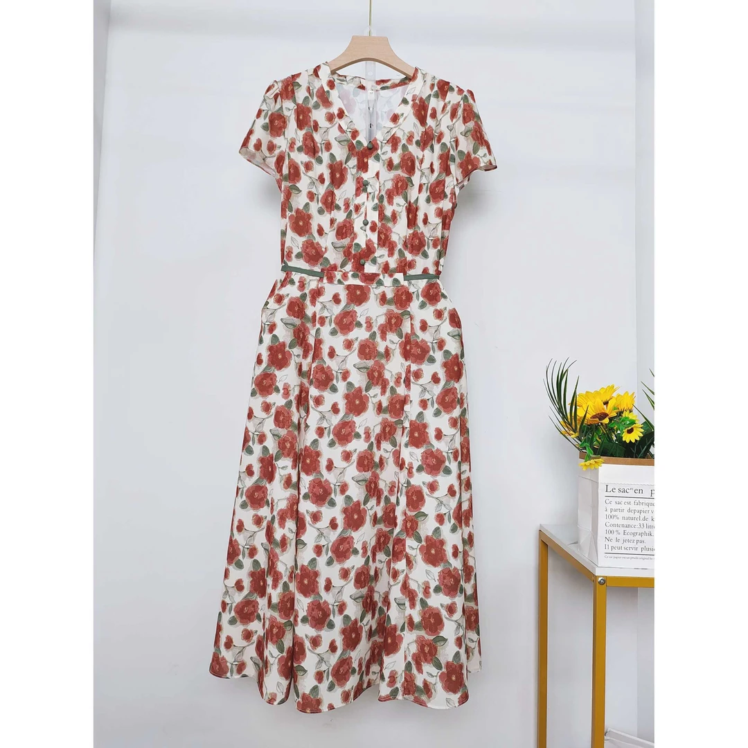 燕妮雅姿法式茶歇连衣裙V领洋气高级感碎花长裙子L711