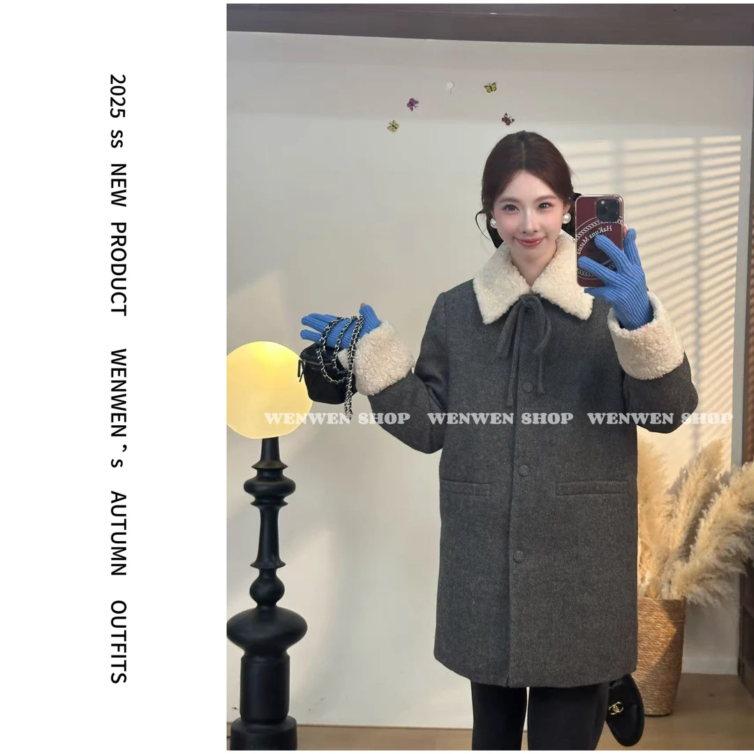 【小闻定制】冬季新款韩系气质加厚中长款拼接羽绒毛呢外套258063
