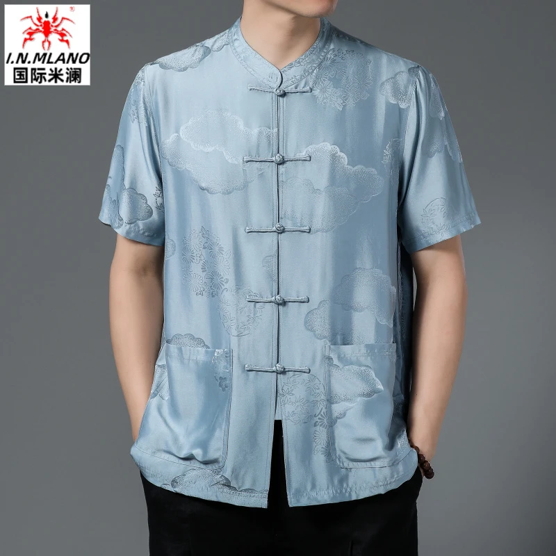 100%桑蚕丝夏季唐装男士短袖中式提花中老年爸爸真丝中国风衬衫男