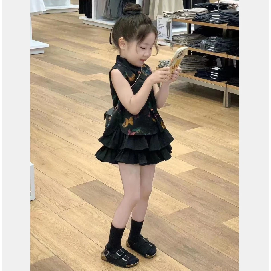 现货圆子家 女童夏季套装女宝宝新中式百褶短裙裤洋气两件套9019