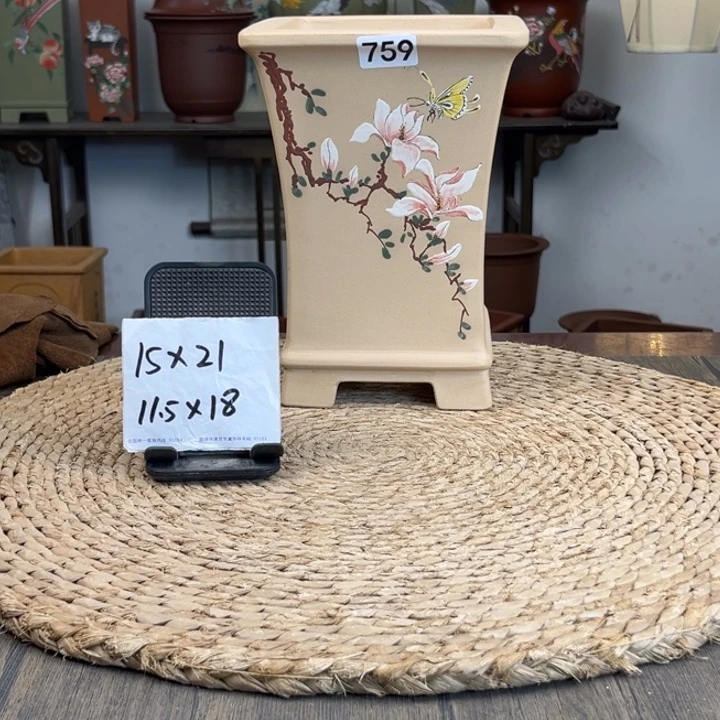 紫砂花盆白玉段手绘759