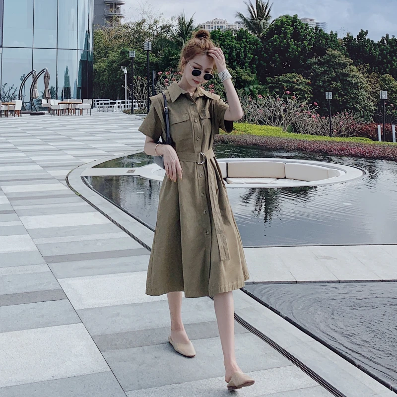 常规袖A字裙复古粉色收腰连衣裙韩版卡其色地雷系显瘦气质小个子