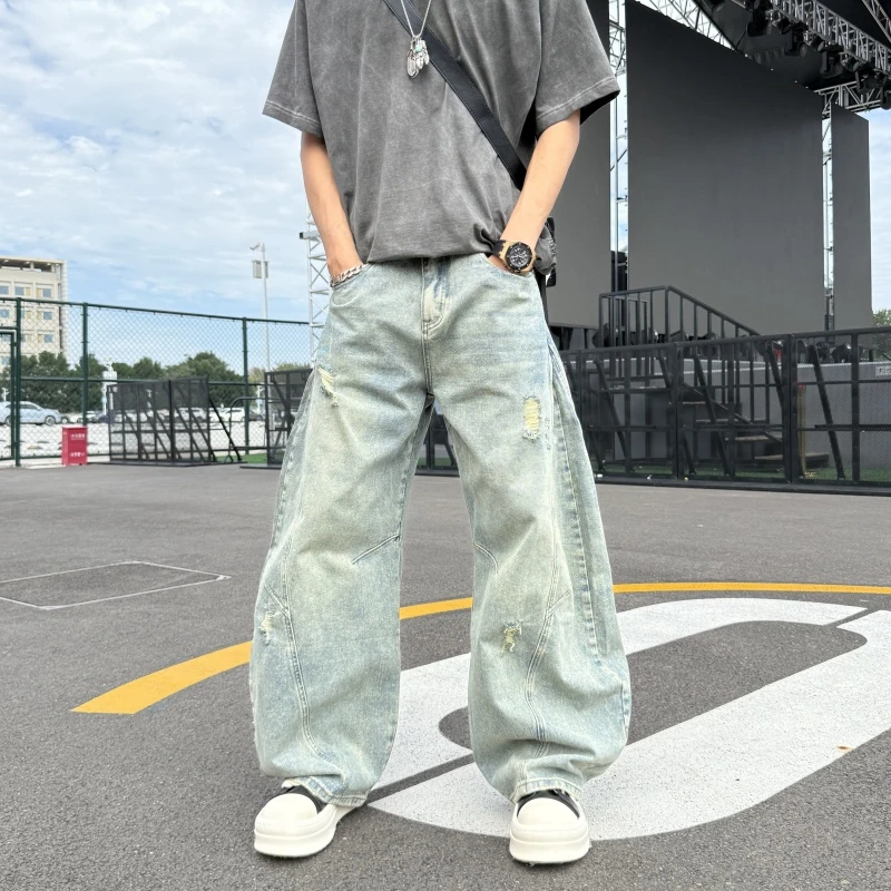 2025美式复古长裤泼墨潮流牛仔裤破洞弯刀版型阔腿裤美式破洞阔腿