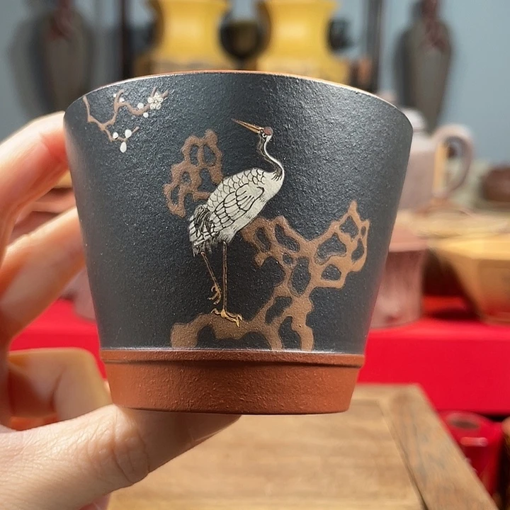 茶杯紫砂泥绘仙鹤杯