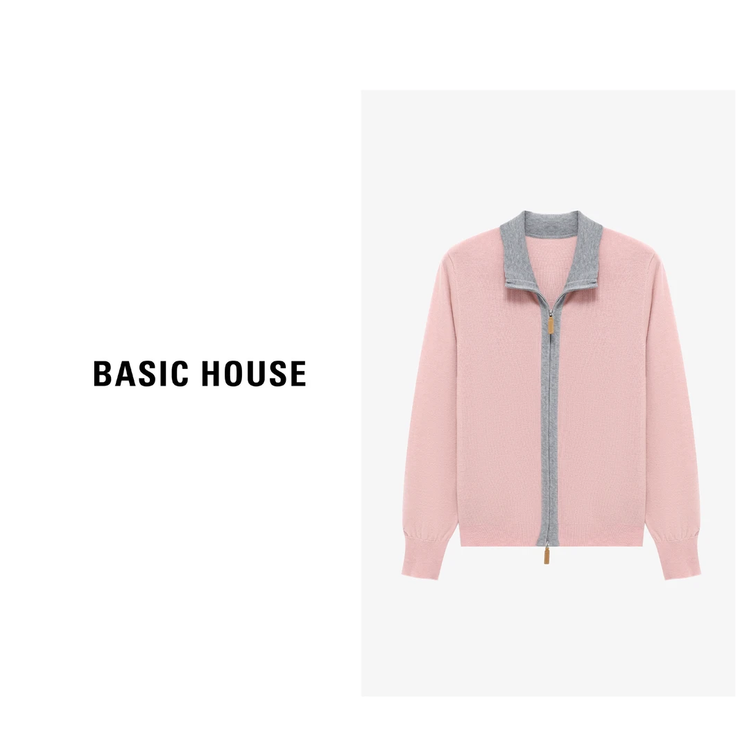 Basic House/百家好休闲翻领撞色宽松百搭长袖针织衫-B0625H5G062