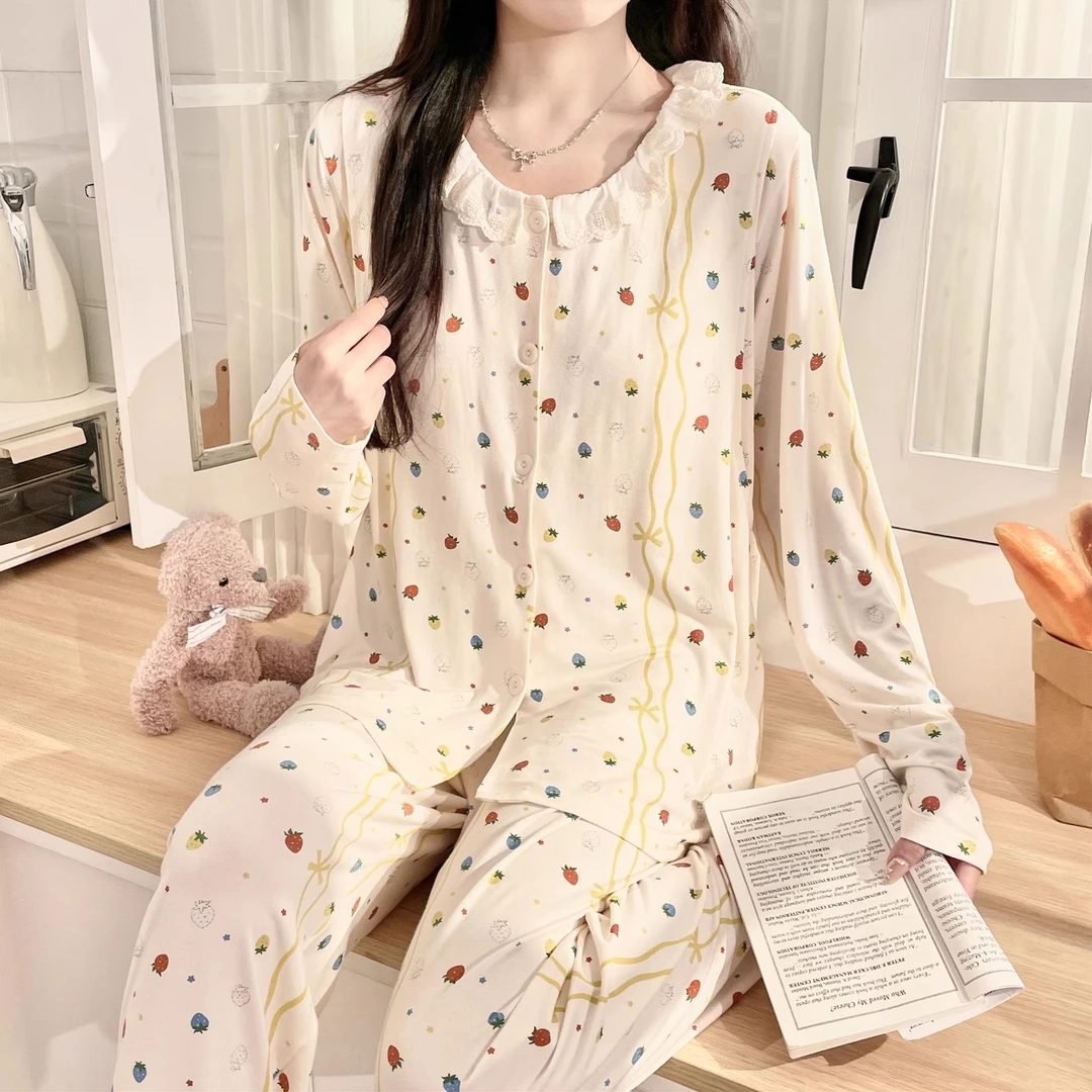 莫代尔哺乳孕妇睡衣带胸垫产后待产服夏季薄款月子服喂奶大码套装