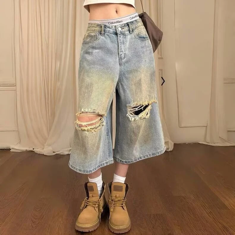 美式街头休闲牛仔短裤夏季男女薄款嘻哈水洗破洞设计宽松七分裤