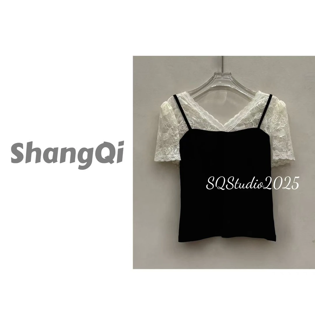 【香草奶盖上衣】百搭夏季韩版蕾丝撞色短袖T--K762卡码拍大