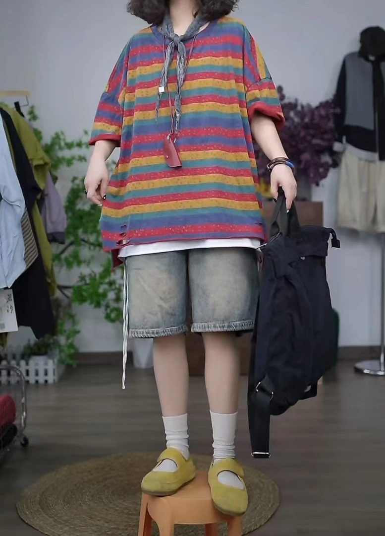 【若汐女装】欧韩版宽松大版夏季百搭炒色做旧工艺条纹花T恤51816