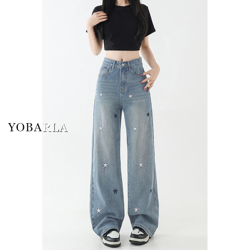 蓝色刺绣星星阔腿牛仔裤女秋冬大码女士宽松显瘦梨形身材直筒裤子
