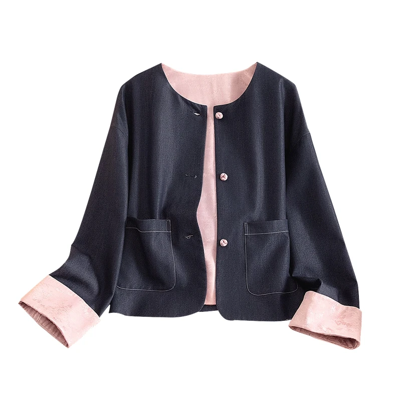 她池2025春装新款女装时尚圆领单排扣宽松短款撞色外套T51B0046AA